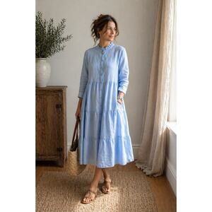 Alice Walk NWT 100% Linen Tiered Midi Blue Shirt Dress sz XS Cottage Lagenlook